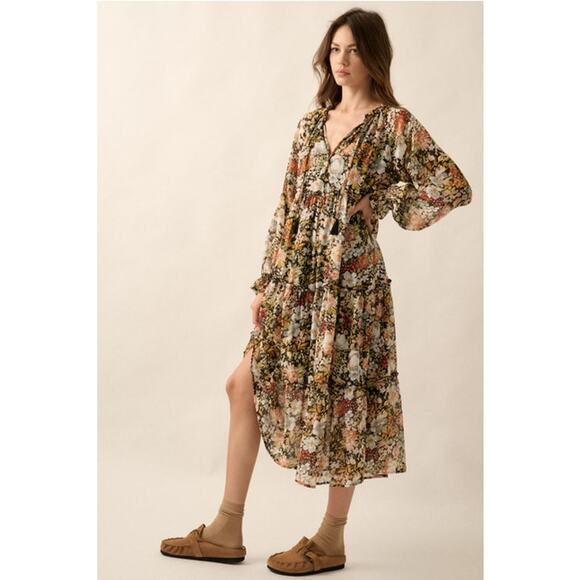 Promesa Black Size Small Floral V-Neck Chiffon Midi Dress - Picture 4 of 9